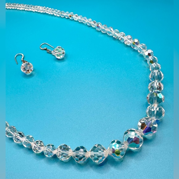 Vintage 1950s Aurora Borealis Faceted Bead Necklace Pierced Earring Set - Picture 4 of 12